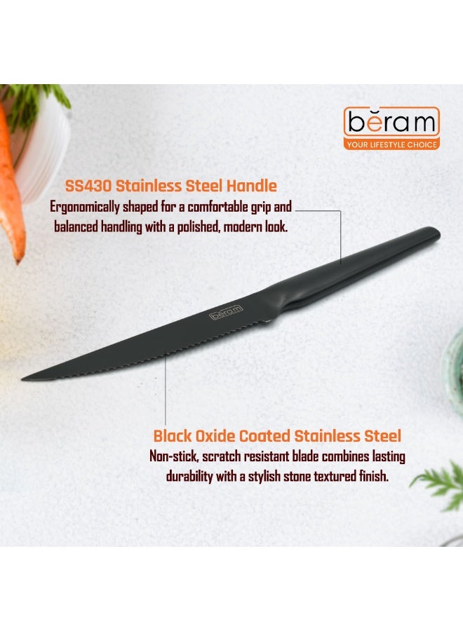 بيرام سكين ستيك بيرام بحجم 4.5 بوصات، مزوّد بشفرة مسننة من الفولاذ المقاوم للصدأ عالي الكربون مطلية بحجر المايفان، مع مقبض من الفولاذ المقاوم للصدأ SS430. تتميز الشفرة بسطح غير لاصق ومقاوم للخدوش لتقطيع اللحوم بسهولة ودقة دون عناء. - Image 3