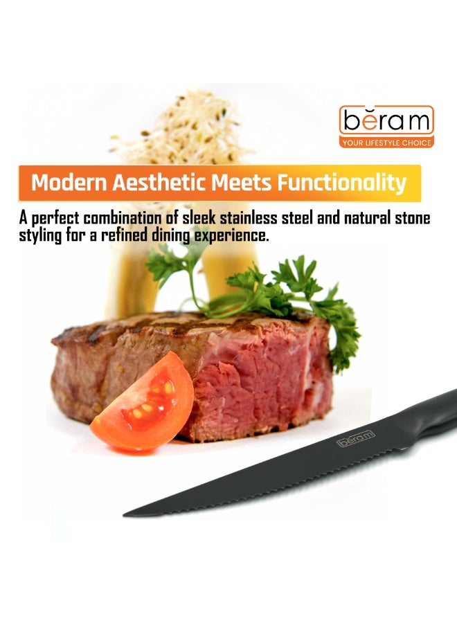 بيرام سكين ستيك بيرام بحجم 4.5 بوصات، مزوّد بشفرة مسننة من الفولاذ المقاوم للصدأ عالي الكربون مطلية بحجر المايفان، مع مقبض من الفولاذ المقاوم للصدأ SS430. تتميز الشفرة بسطح غير لاصق ومقاوم للخدوش لتقطيع اللحوم بسهولة ودقة دون عناء. - Image 4
