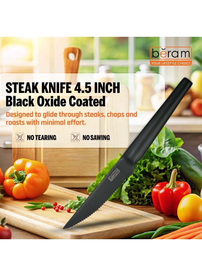 بيرام سكين ستيك بيرام بحجم 4.5 بوصات، مزوّد بشفرة مسننة من الفولاذ المقاوم للصدأ عالي الكربون مطلية بحجر المايفان، مع مقبض من الفولاذ المقاوم للصدأ SS430. تتميز الشفرة بسطح غير لاصق ومقاوم للخدوش لتقطيع اللحوم بسهولة ودقة دون عناء. - Image 5