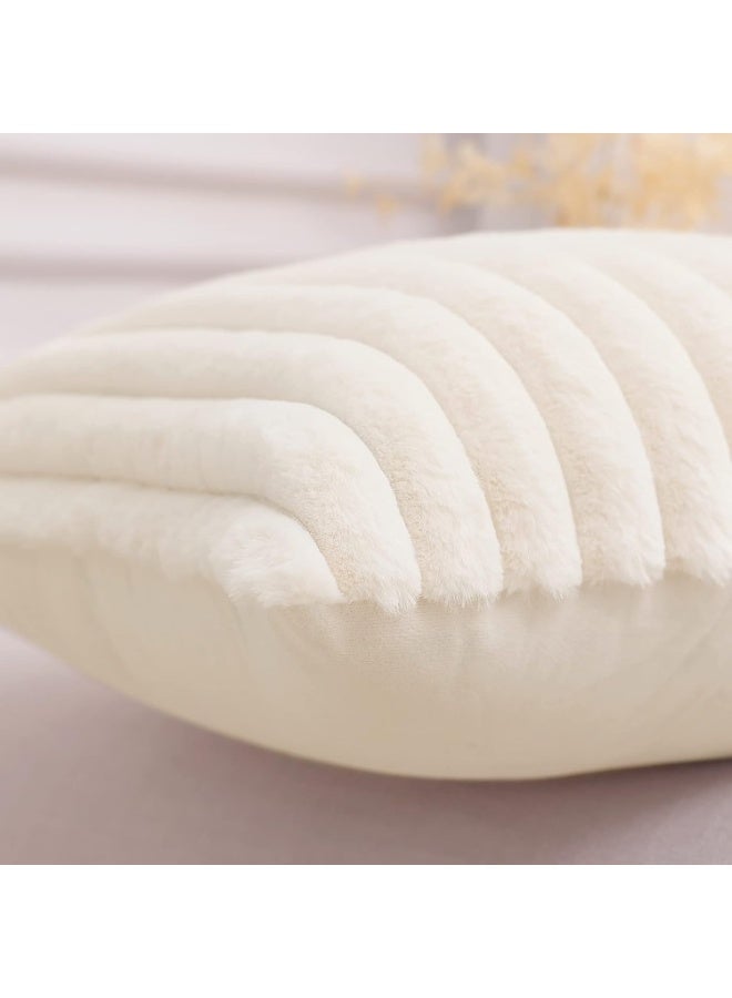 Home Care Faux Fur Plush Lumbar Throw Pillow Covers 12x20 Set of 2 - Luxury Soft Fluffy Striped Decorative Pillow Covers for Sofa, Couch, Living Room - Cream White  - Image 4