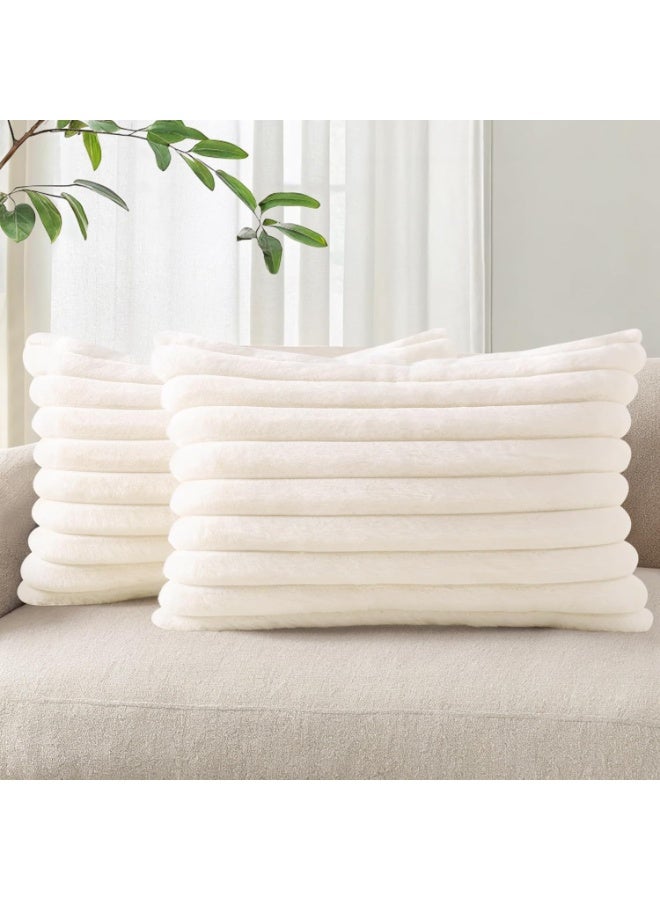 Home Care Faux Fur Plush Lumbar Throw Pillow Covers 12x20 Set of 2 - Luxury Soft Fluffy Striped Decorative Pillow Covers for Sofa, Couch, Living Room - Cream White  - Image 1
