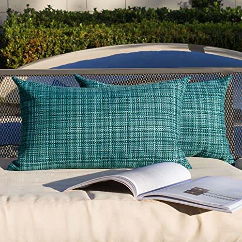K KEVIN TEXTILE Kevin Textile Pack of 2 Decorative Outdoor Waterproof Throw Pillow Covers Lumbar Pillowcases Modern Cushion Cases for Patio Couch Bench 12 x 20 Inch Teal - Image 1