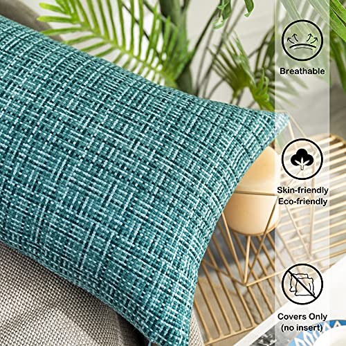 K KEVIN TEXTILE Kevin Textile Pack of 2 Decorative Outdoor Waterproof Throw Pillow Covers Lumbar Pillowcases Modern Cushion Cases for Patio Couch Bench 12 x 20 Inch Teal - Image 3