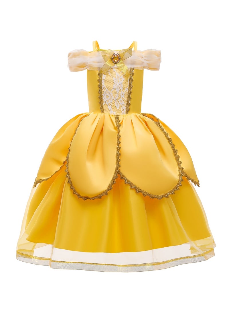 NOVOLAN Girls Princess Dress Children Princess Cosplay Dress Kids Party Attire, 4 Layer Skirt Yellow Short-Sleeved Long Dress, Costumes for Girls Castle Princess Style, Height 90cm-160cm - Image 1