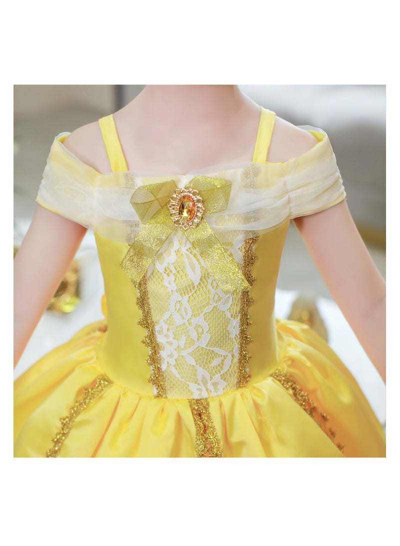 NOVOLAN Girls Princess Dress Children Princess Cosplay Dress Kids Party Attire, 4 Layer Skirt Yellow Short-Sleeved Long Dress, Costumes for Girls Castle Princess Style, Height 90cm-160cm - Image 4