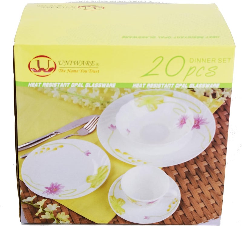 UNIWARE Unique Design 20 Piece Kitchen Dinnerware Set 4 Dinner Plates 4 Side Plates 4 Bowls 4 Teacups  Saucers set Service for 4 Lotus Flowers 