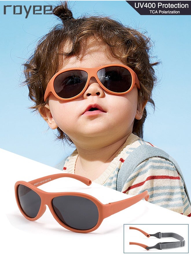 Royee - Fashion Oval Polarized Sunglasses for baby Girls Boys UV400 Protection For Beach Holiday Sun Glasses with Flexible Silicone Frame and Elastic Strap for Baby Age 0-3-Orange Frame - Image 1