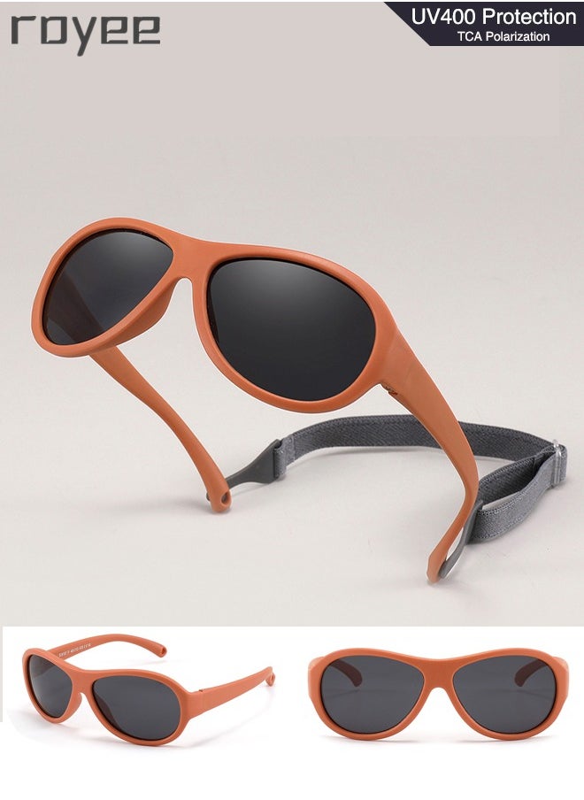 Royee - Fashion Oval Polarized Sunglasses for baby Girls Boys UV400 Protection For Beach Holiday Sun Glasses with Flexible Silicone Frame and Elastic Strap for Baby Age 0-3-Orange Frame - Image 1
