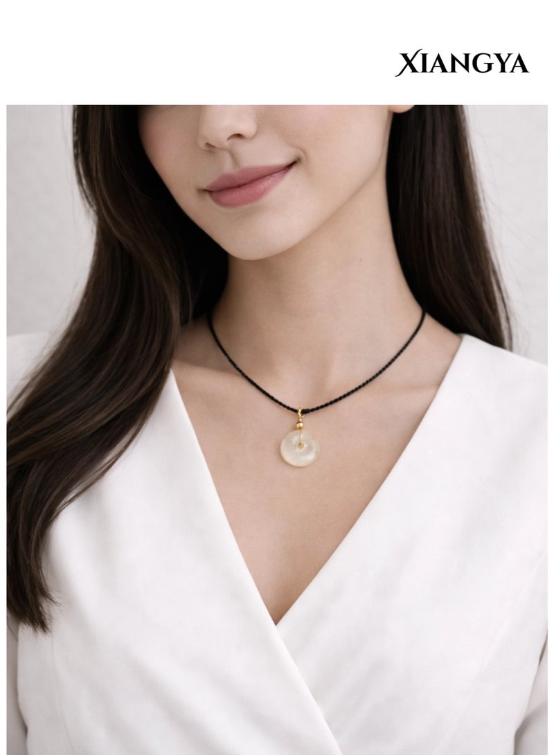 XIANGYA Round Jade Pendant Necklace – Minimalist Translucent Stone Charm with Adjustable Black Cord - Image 4