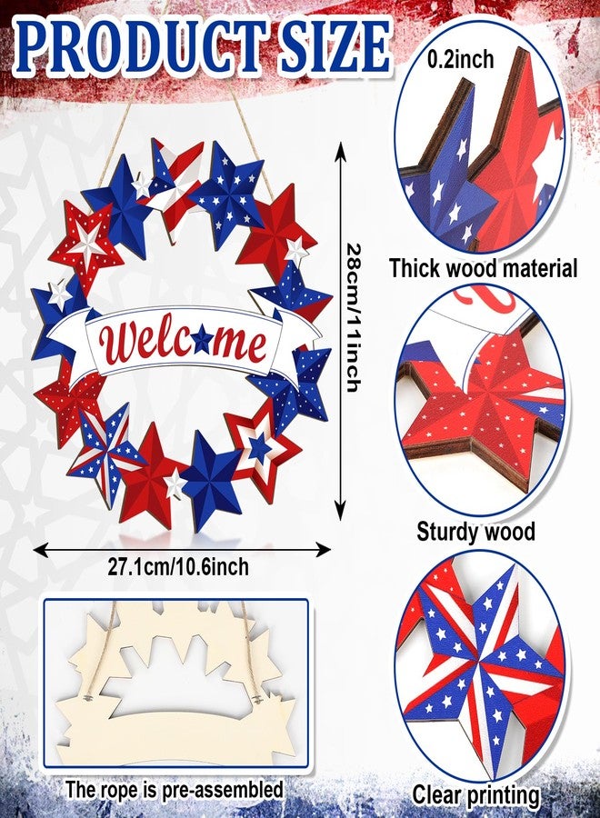 Sophena Wooden 4th of July Decoration Door Wreath for Front Door Sign Star Wall Signs, Independence Day Patriotic Day Wreath Welcome Memorial Day Hanging for Home Wall Decor Party Outdoor Indoor - Image 2