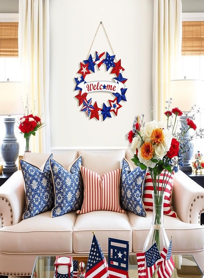 Sophena Wooden 4th of July Decoration Door Wreath for Front Door Sign Star Wall Signs, Independence Day Patriotic Day Wreath Welcome Memorial Day Hanging for Home Wall Decor Party Outdoor Indoor - Image 3