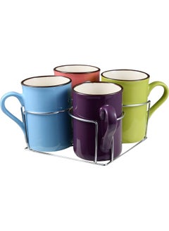 Millerhaus 5Pc Mug Set Stoneware Set Include 4Pc Mug 280ML 1Pc Chrome Stand Multicolor