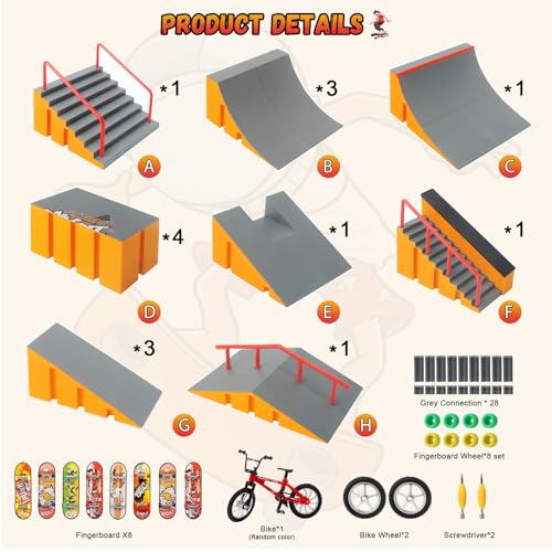 CS COSDDI Finger Skateboard Park KitsSkateboard Finger Toys with 8 Finger Skateboards 14 Skatepark Deck Ramp1 Finger Bike for Unisex GiftMini Finger Skateboards Ramp Accessories Set Yellow - Image 5