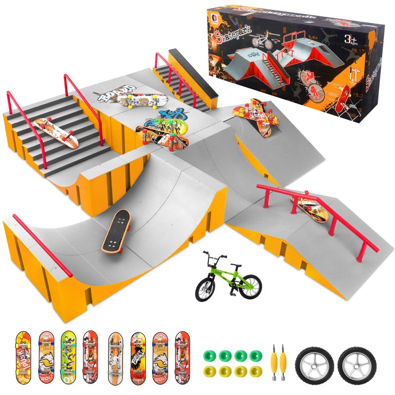 CS COSDDI Finger Skateboard Park KitsSkateboard Finger Toys with 8 Finger Skateboards 14 Skatepark Deck Ramp1 Finger Bike for Unisex GiftMini Finger Skateboards Ramp Accessories Set Yellow - Image 3