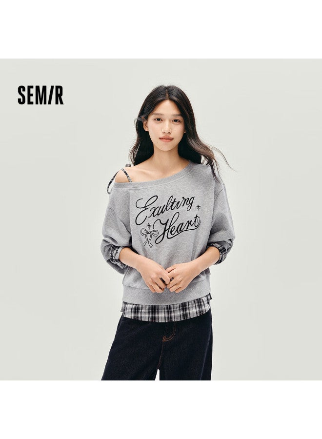 Semir Women's Autumn Slant Shoulder Embroidered Patchwork Plaid Two-piece Loose Bow Sweatshirt Top 10a525116001 - Image 1
