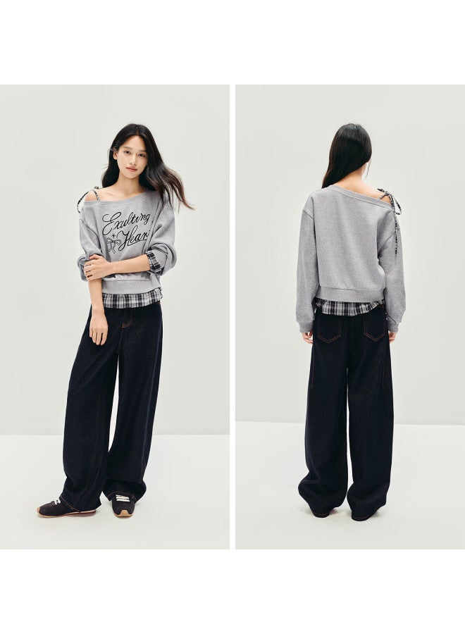Semir Women's Autumn Slant Shoulder Embroidered Patchwork Plaid Two-piece Loose Bow Sweatshirt Top 10a525116001 - Image 3