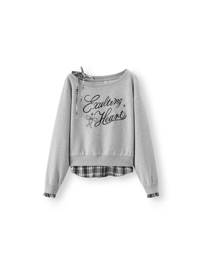 Semir Women's Autumn Slant Shoulder Embroidered Patchwork Plaid Two-piece Loose Bow Sweatshirt Top 10a525116001 - Image 5