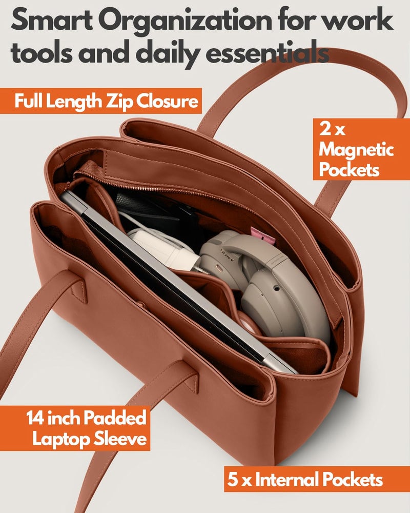 Apryl Work Tote Bags for Women 14 Inch - Work Bag Laptop Bag with Zip Compartments - Large PU Leather Office Purse Computer Briefcase - Brown - Image 4