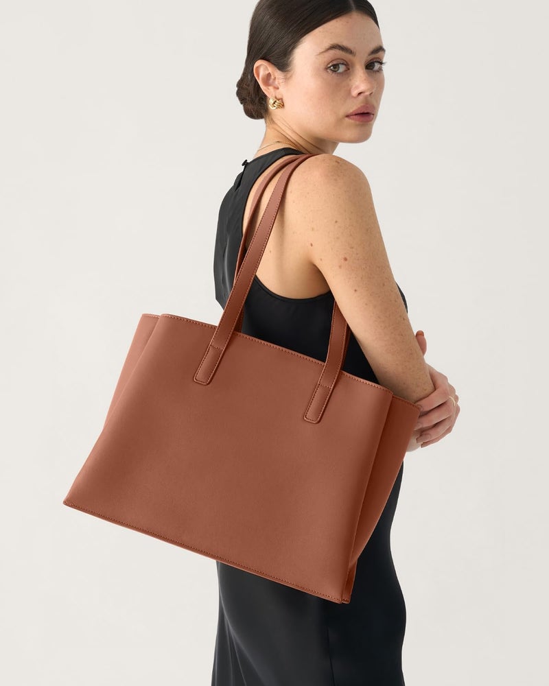 Apryl Work Tote Bags for Women 14 Inch - Work Bag Laptop Bag with Zip Compartments - Large PU Leather Office Purse Computer Briefcase - Brown - Image 2
