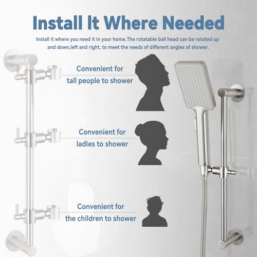 YDmeet Shower Slide Bar Adjustable Handheld Shower Head Holder Wall Mount - 15inch All-Metal Shower Head Slide Bar Compatible with Bathroom Drill Free Glue Installation - Brushed - Image 2
