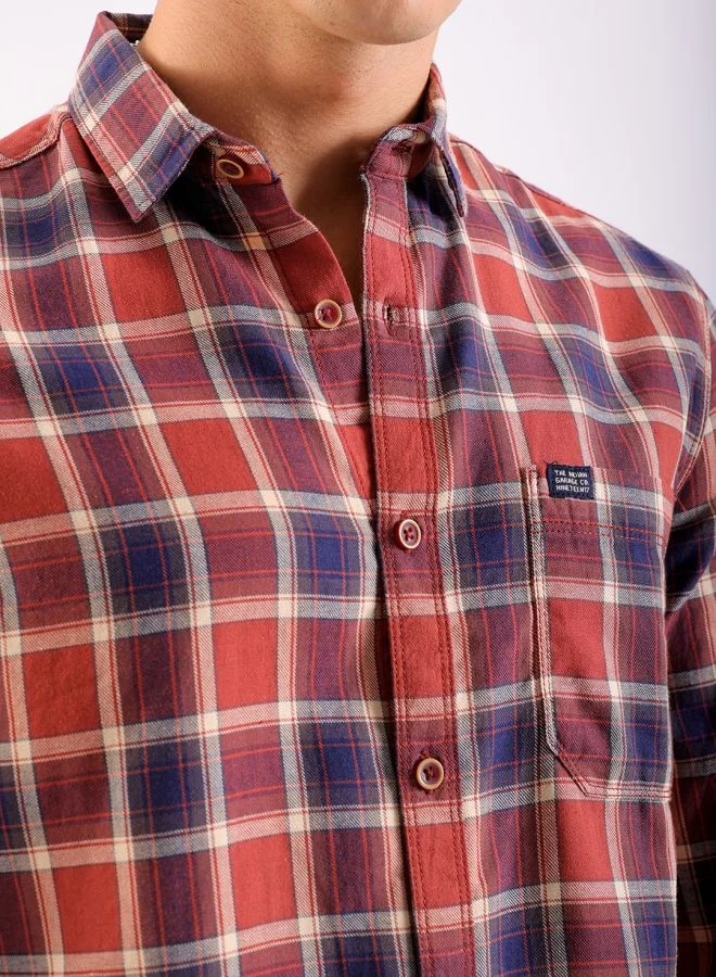 ذا انديان كراج كو Men Slim Fit Checkered Full Sleeves Cutaway Collar Casual Shirt