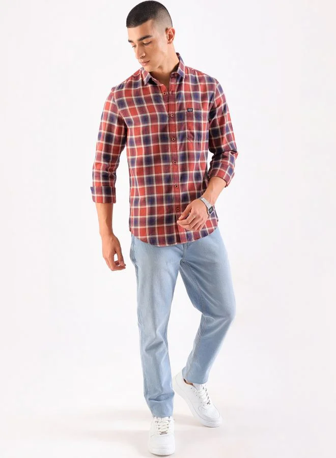 ذا انديان كراج كو Men Slim Fit Checkered Full Sleeves Cutaway Collar Casual Shirt
