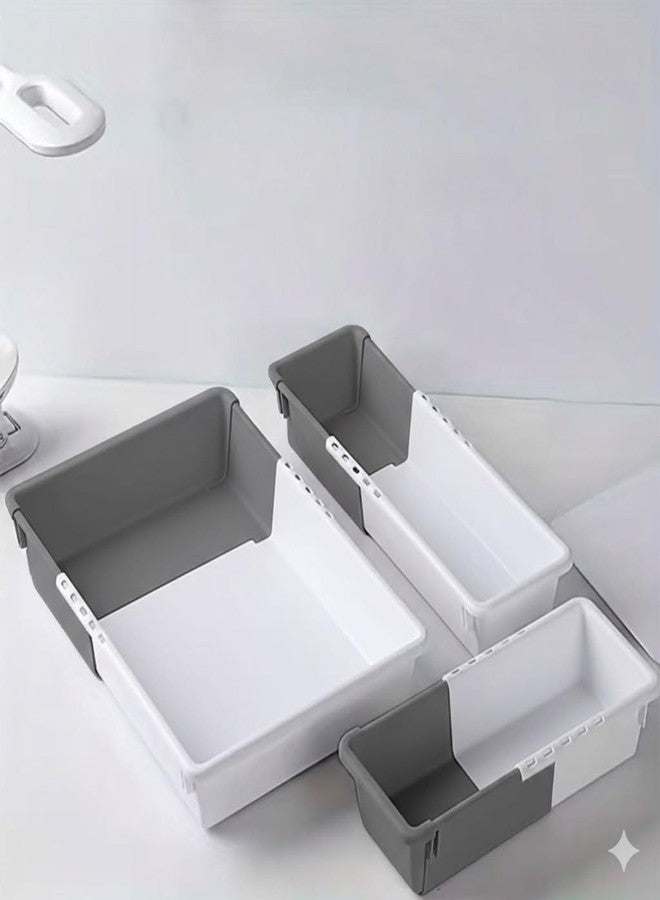 Vaigzo Expandable Drawer Organiser with Dividers, Cutlery Tray for Kitchen, Makeup, Jewellery, White and Grey, 3 Small - Image 1