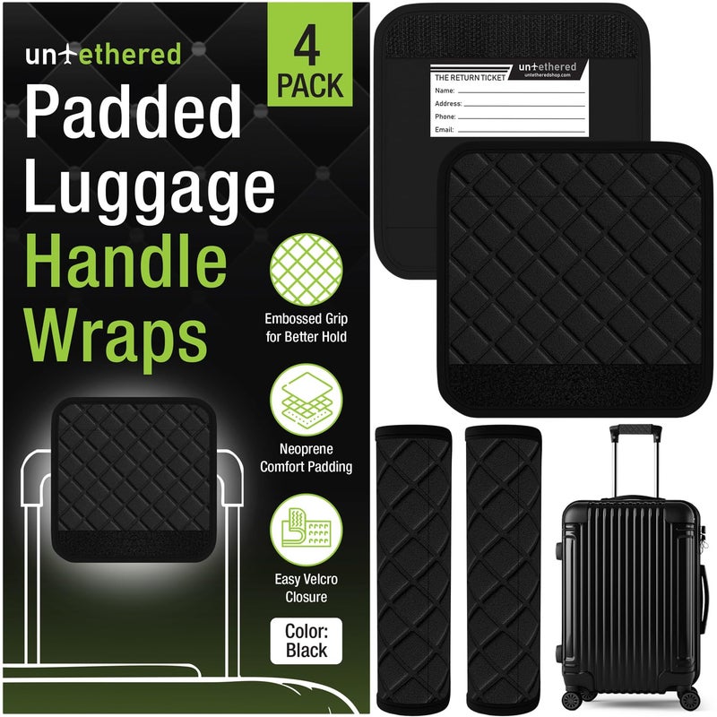 Untethered Luggage Handle Wraps (4-Pack) | Padded Suitcase Handle Covers with Diamond-Grip Design â€“ Comfortable Neoprene Travel Handle Wraps for Luggage, Bags & Suitcases. (4-Pack | Black) - Image 1