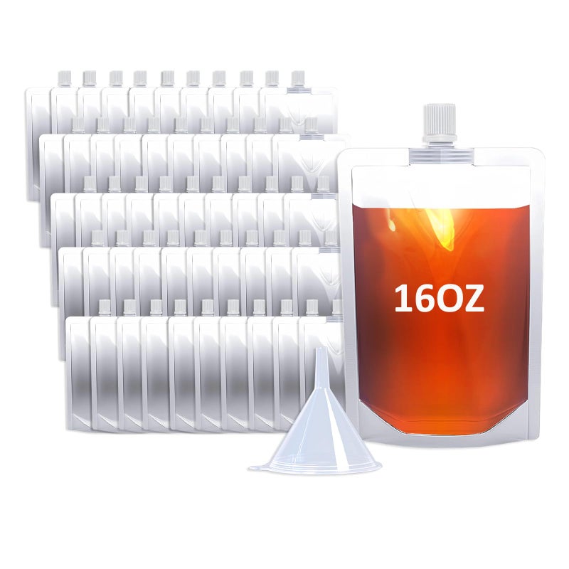 Cloudslucky 16OZ 50PCS Drink Pouches,Reusable Plastic Flask with Funnel for Drinking Liquid Juice,Stand Up Drink Bags for Travel Camping Outdoor Sport Concert Events,Leak-Proof Food Grade - Image 1