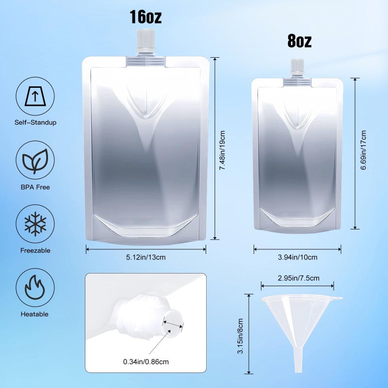Cloudslucky 16OZ 50PCS Drink Pouches,Reusable Plastic Flask with Funnel for Drinking Liquid Juice,Stand Up Drink Bags for Travel Camping Outdoor Sport Concert Events,Leak-Proof Food Grade - Image 2