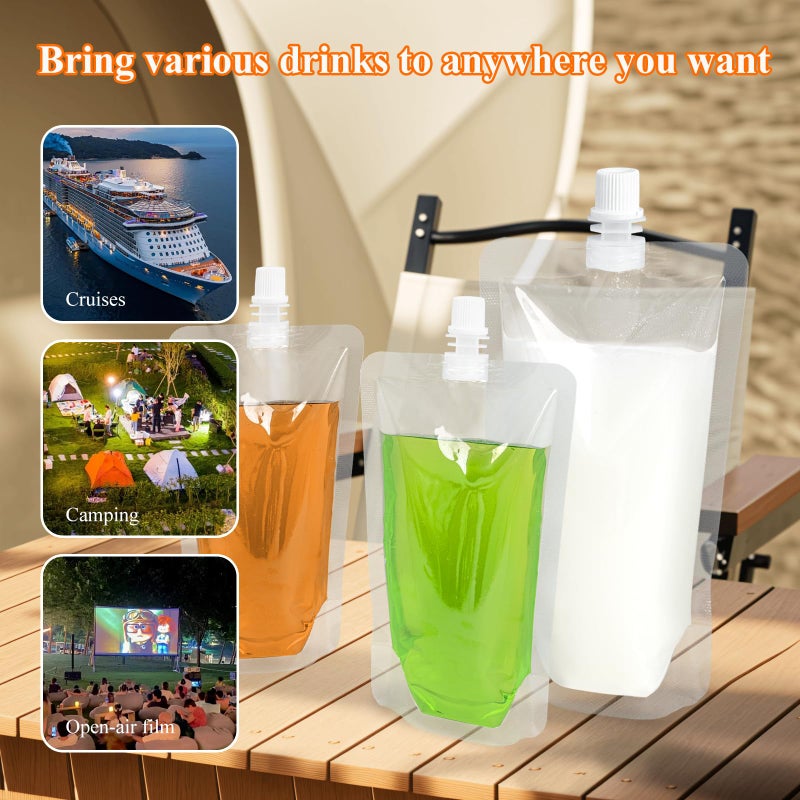 Cloudslucky 16OZ 50PCS Drink Pouches,Reusable Plastic Flask with Funnel for Drinking Liquid Juice,Stand Up Drink Bags for Travel Camping Outdoor Sport Concert Events,Leak-Proof Food Grade - Image 5
