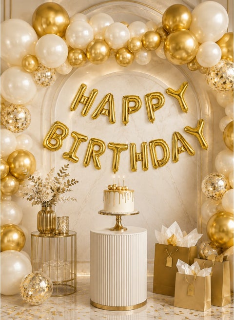 طقم بالونات فويل لعبارة Happy Birthday مقاس 16 بوصة باللون الذهبي لتزيين الحفلات