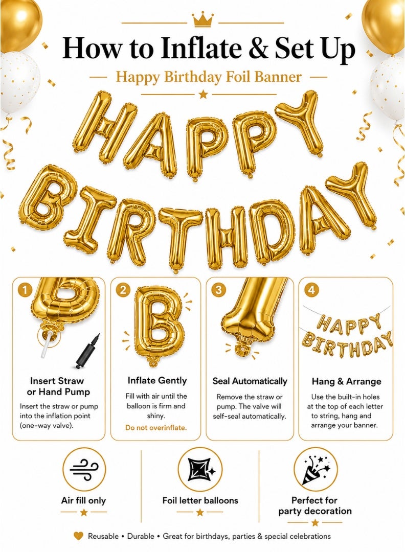 Party Time Happy Birthday Foil Balloon Banner Set 16 Inch Gold Letters Party Decoration - Image 4