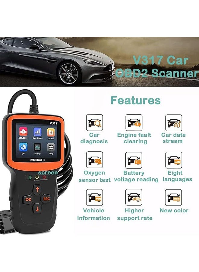 V317 Car OBD2 Scanner, Car Interior Parts Code Reader Car Fault Detector, supports 8 different languages, for all OBD II/EOBD protocol cars