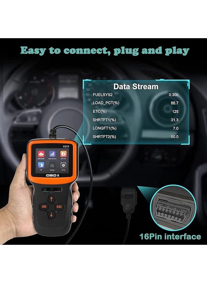 V317 Car OBD2 Scanner, Car Interior Parts Code Reader Car Fault Detector, supports 8 different languages, for all OBD II/EOBD protocol cars