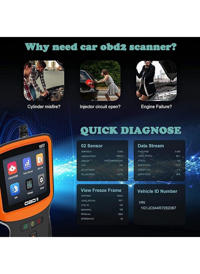 V317 Car OBD2 Scanner, Car Interior Parts Code Reader Car Fault Detector, supports 8 different languages, for all OBD II/EOBD protocol cars