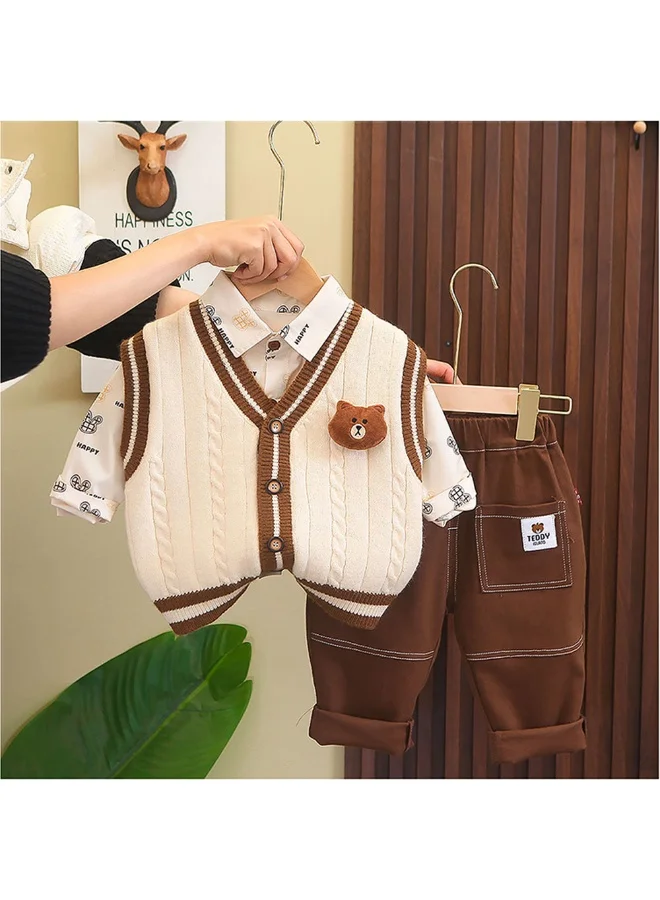 LITTLE SURPRISE BOX 3 Pcs Set Cream Teddy Knitted Sweater Shirt And Pants Set For Toddler And Kids Winter And All Season Wear