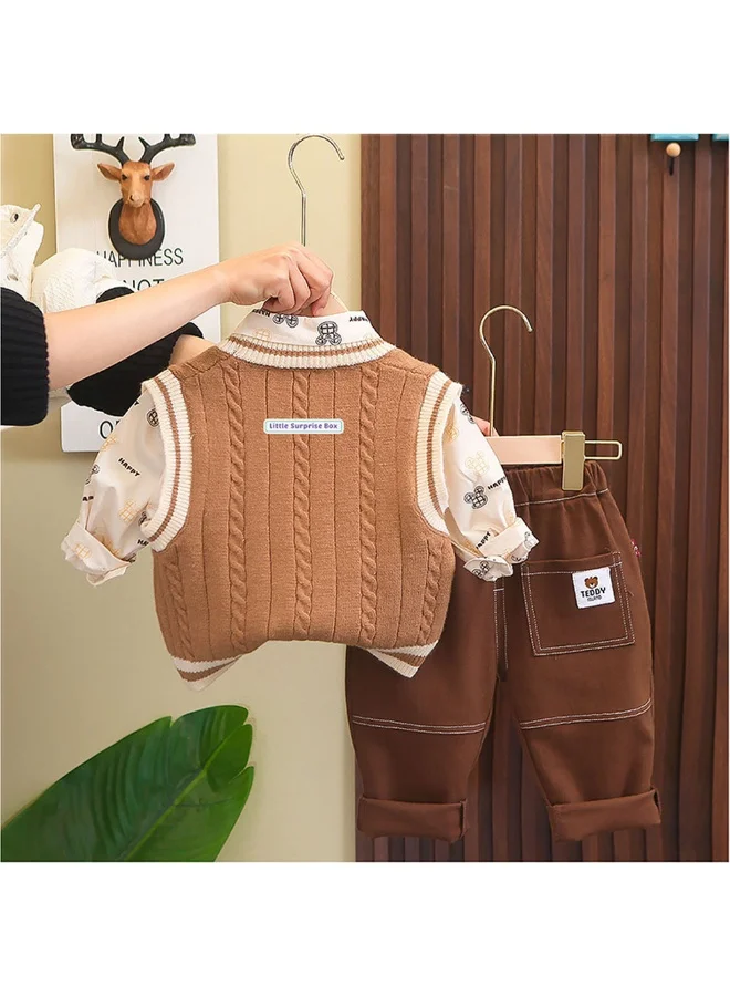 LITTLE SURPRISE BOX 3 Pcs Set Cream Teddy Knitted Sweater Shirt And Pants Set For Toddler And Kids Winter And All Season Wear