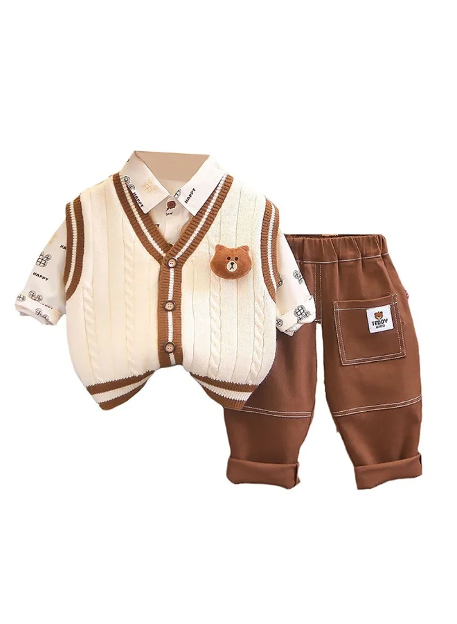 LITTLE SURPRISE BOX 3 Pcs Set Cream Teddy Knitted Sweater Shirt And Pants Set For Toddler And Kids Winter And All Season Wear