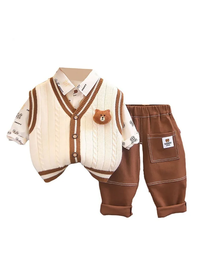 صندوق المفاجآت الصغيرة Box 3 Pcs Set Cream Teddy Knitted Sweater Shirt And Pants Set For Toddler And Kids Winter And All Season Wear-2-3Y