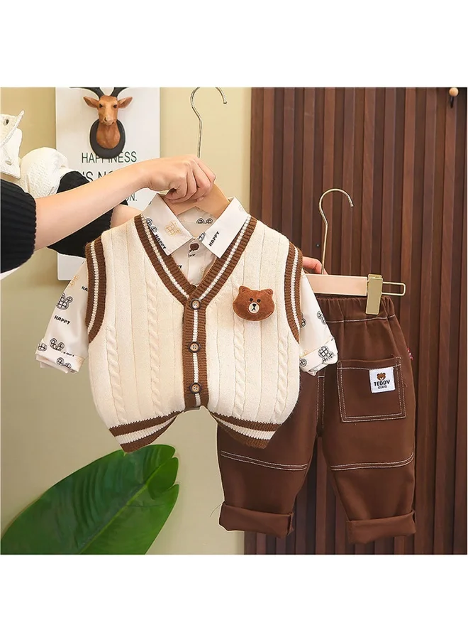 صندوق المفاجآت الصغيرة Box 3 Pcs Set Cream Teddy Knitted Sweater Shirt And Pants Set For Toddler And Kids Winter And All Season Wear-2-3Y