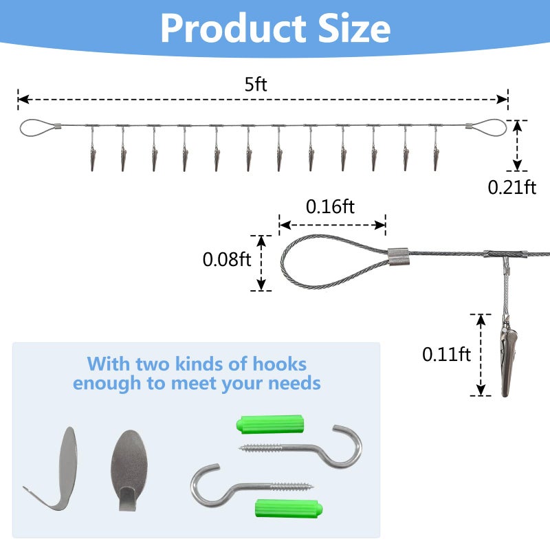 DEEKOUDT Multi-purpose steel wall hanging display wire rod with 12 clips Wall mounted photo display for hanging photos  postcards  notes and artwork in your home  bedroom and office (Alligator Clip) - Image 2