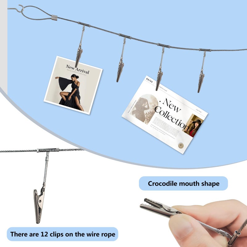 DEEKOUDT Multi-purpose steel wall hanging display wire rod with 12 clips Wall mounted photo display for hanging photos  postcards  notes and artwork in your home  bedroom and office (Alligator Clip) - Image 3