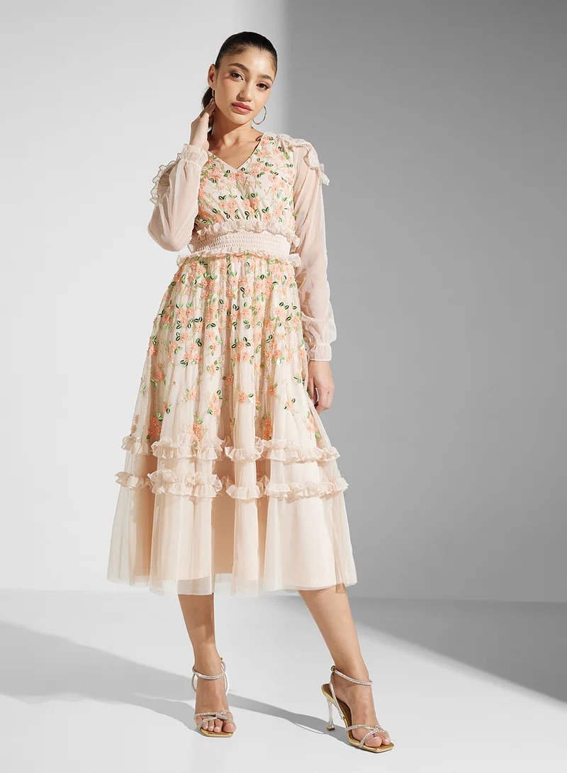 Frock and Frill Floral Tulle Midi Dress