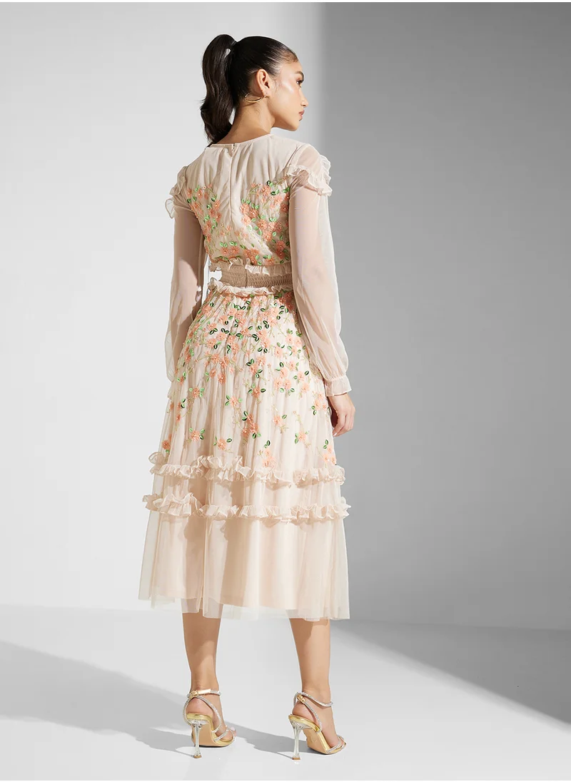 Frock and Frill Embellished V Neck Knee Lenth Dress