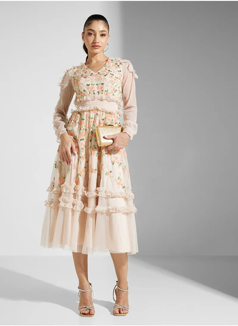 Frock and Frill Embellished V Neck Knee Lenth Dress