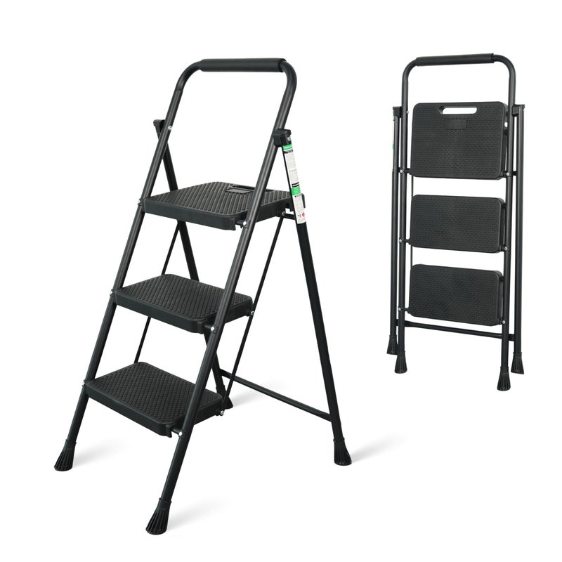 Arbusb 3 Step Ladder, Portable Steel Folding Step Stool with Wide Anti-Slip Pedal & Convenient Handgrip, 500lbs Sturdy Steel Ladder, Black - Image 1
