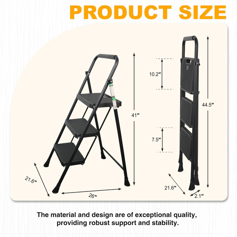 Arbusb 3 Step Ladder, Portable Steel Folding Step Stool with Wide Anti-Slip Pedal & Convenient Handgrip, 500lbs Sturdy Steel Ladder, Black - Image 4