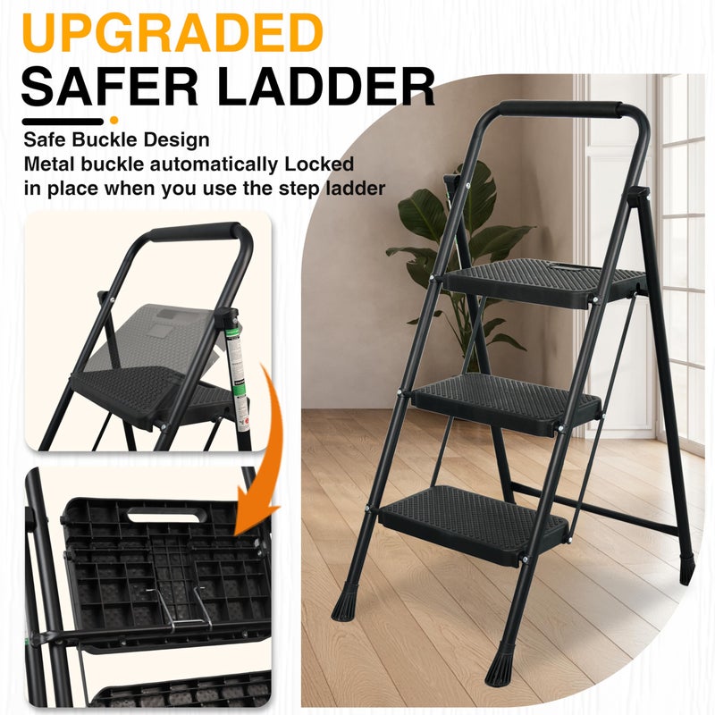 Arbusb 3 Step Ladder, Portable Steel Folding Step Stool with Wide Anti-Slip Pedal & Convenient Handgrip, 500lbs Sturdy Steel Ladder, Black - Image 2