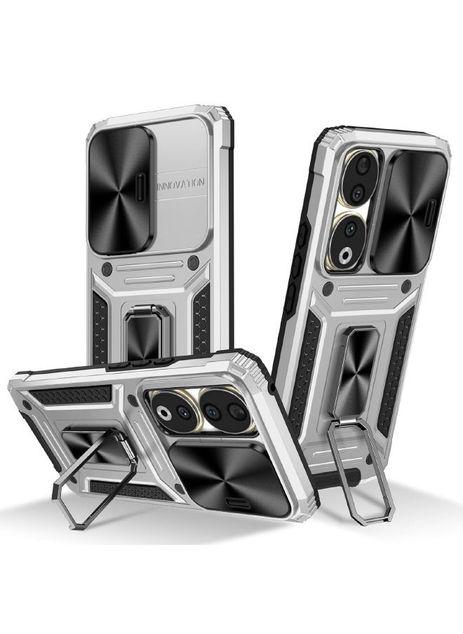 RUGGED SHIELD Honor 90 Case, with Slide Camera Cover, Built-in 360° Rotate Ring Kickstand, Heavy Duty Shockproof Protective Case for Honor 90 (6.7"), Silver/Black  - Image 1